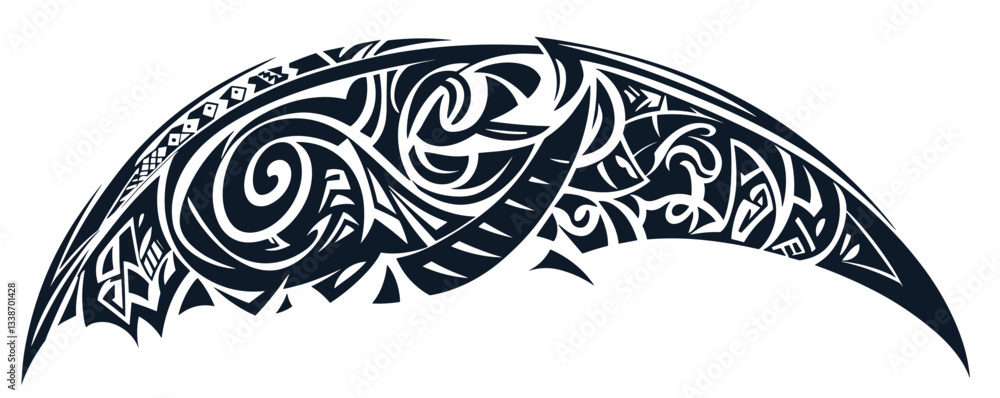 Poster polynesian inspired black tribal design with abstract patterns and bold symmetrical shapes.