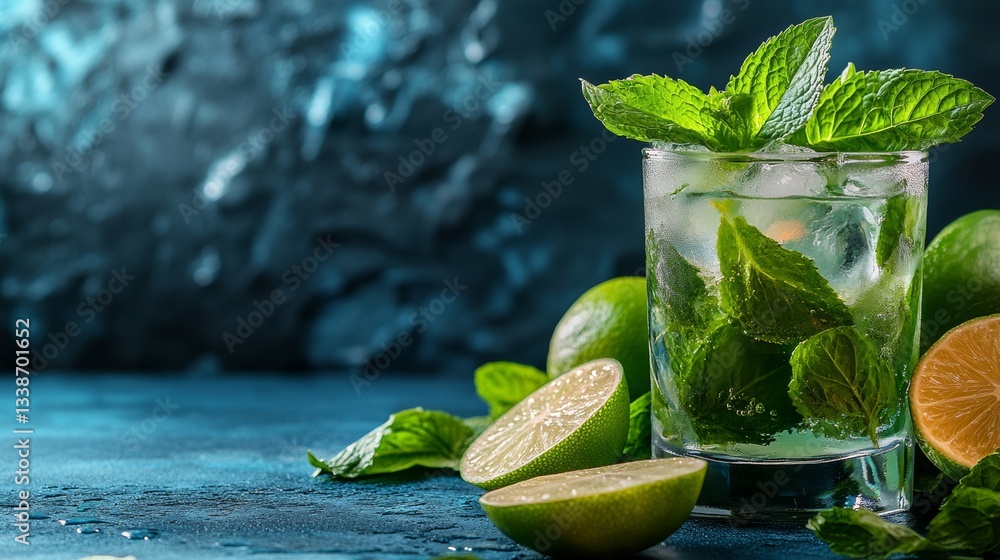 Poster glass of limeade with a lime wedge in it sits on a table