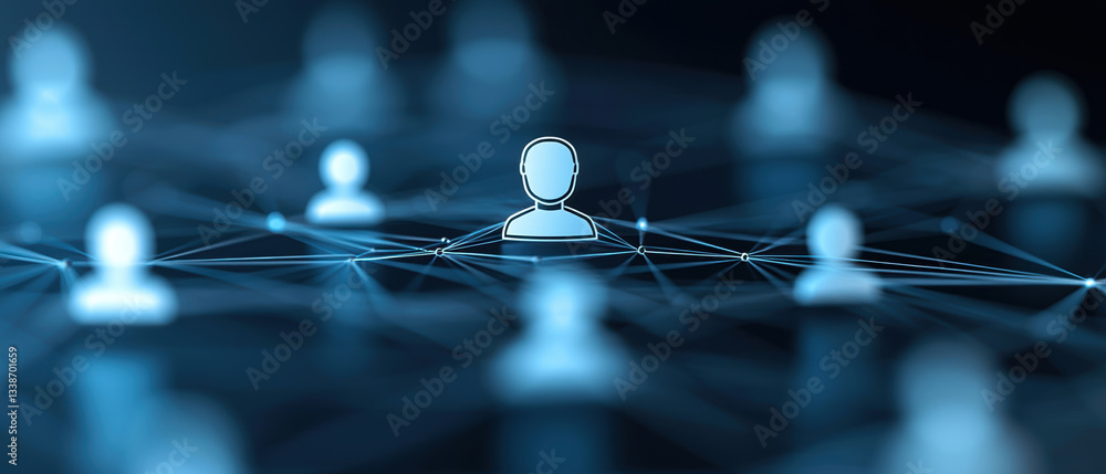 Poster glowing central icon of person is connected to surrounding nodes, symbolizing networking, communicat