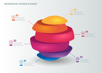 A presentation template with an infographic element in the form of a 3D sphere cut into six parts with offset elements.