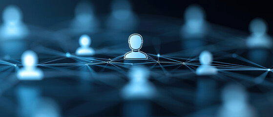 glowing central icon of person is connected to surrounding nodes, symbolizing networking, communication, and leadership in digital environment. blue tones evoke sense of technology and innovation