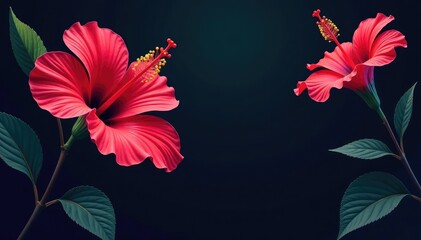 Bold hibiscus silhouettes, dark background, stylized floral motif, black, illustration, style
