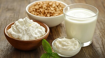 A simple yet elegant dairy breakfast with a bowl of sour cream, a glass of fresh yogurt, and a side of granola.