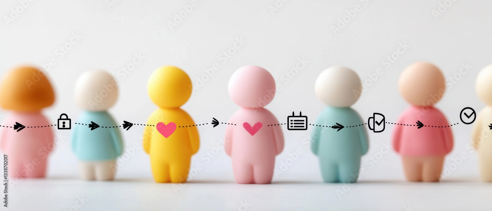Poster colorful figurines representing people are connected by sequence of icons symbolizing collaboration,