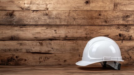 A clean white hard hat is placed on a rustic wooden table, highlighting safety and construction themes against a textured backdrop in a professional setting.