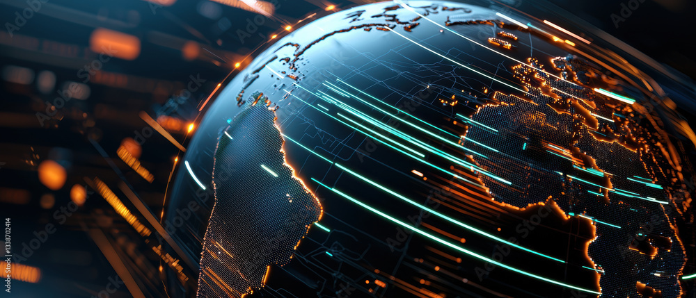 Poster glowing digital globe with illuminated lines and patterns representing global connectivity and data 