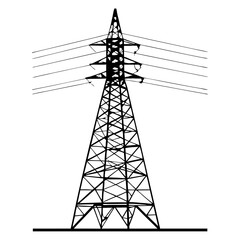 A towering steel pylon carries high-voltage power lines against a vibrant sunset sky