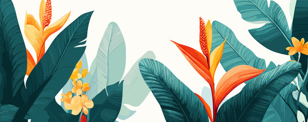 Tropical foliage with vibrant bird of paradise flowers and lush green leaves.