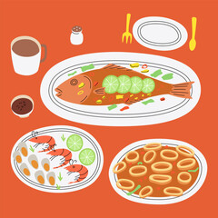 A delicious seafood feast with fish, shrimp, squid, and eggs served on a vibrant orange table