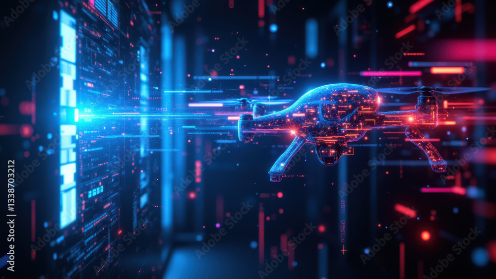Poster dynamic cyber security concept with a race car flying through a data center network.