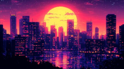 Fototapeta premium Synthwave retro 8-bit pixel art of sunset cityscape in neon colors.