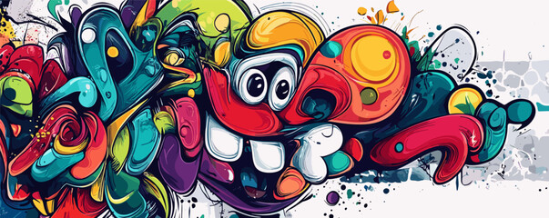 Fototapeta premium Colorful abstract graffiti art with whimsical faces and shapes in vibrant swirls.