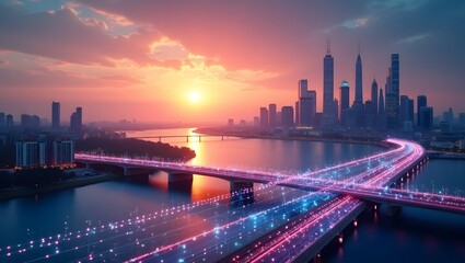 futuristic cityscape at sunset with a bright sun on the horizon