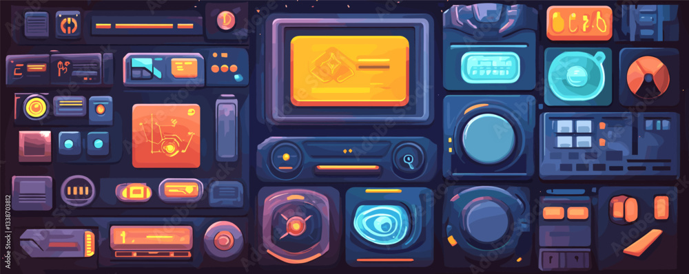 Poster futuristic interface with colorful digital panels and control elements.