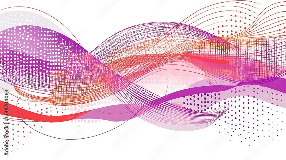 Poster abstract composition with dynamic wavy lines, intricate grids and halftone textures in vibrant fuchs