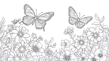 Elegant black and white butterflies and flowers. Suitable for coloring books, cards, or posters