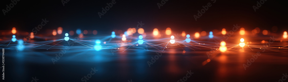 Poster glowing network of interconnected blue and orange nodes on dark background, symbolizing digital comm
