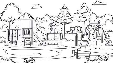 Fototapeta premium Black and white playground scene, kids play area, outdoors, peaceful, background, illustration, graphic design, coloring book