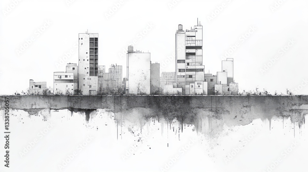 Poster abstract monochromatic cityscape with textured reflection over an ambiguous void