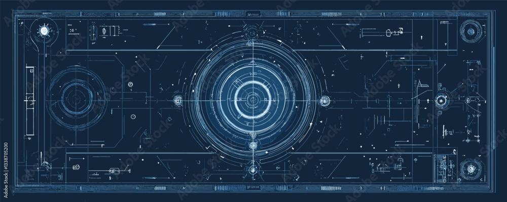 Poster futuristic blueprint with central circular design and detailed technical elements.