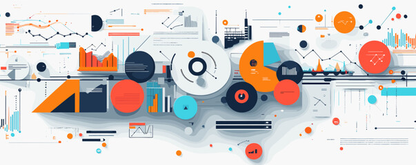 Abstract infographic with colorful data visualizations, charts, and graphs.