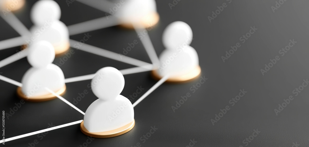 Poster conceptual image of white human icons connected by thin lines on dark background, symbolizing networ
