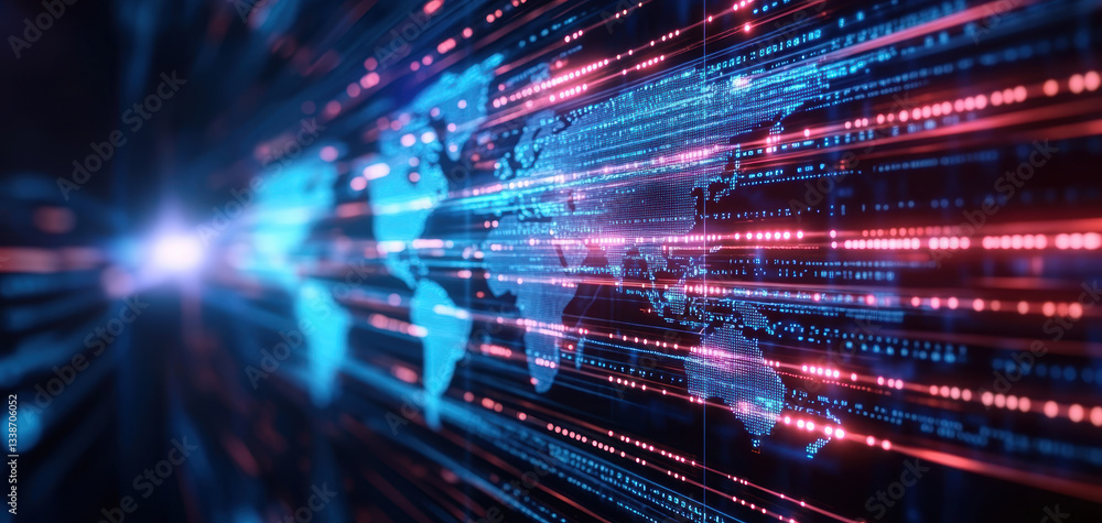 Poster glowing holographic world map with pulsating red and blue light trails, symbolizing global connectiv