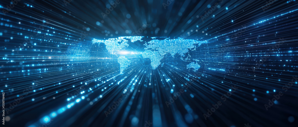 Poster glowing digital world map with futuristic design, surrounded by dynamic light streaks and data point