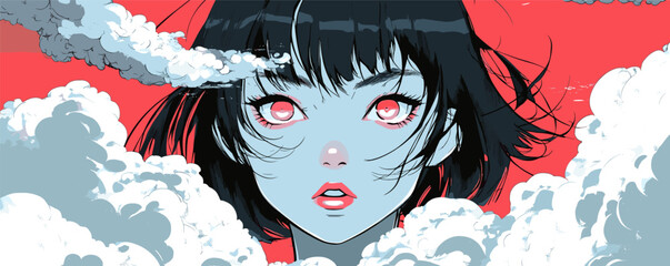 Naklejka premium Anime girl with black hair and red eyes amid cloudy red background art.