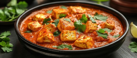 Delicious paneer butter masala in black bowl with cilantro garnish and lime wedge on dark background restaurant style indian cuisine
