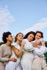 Empowered women embracing spring beauty in a stylish outdoor park setting