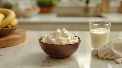 Fototapeta premium Fresh and creamy sour cream in a ceramic bowl, next to a glass of probiotic yogurt, served on a modern kitchen countertop.