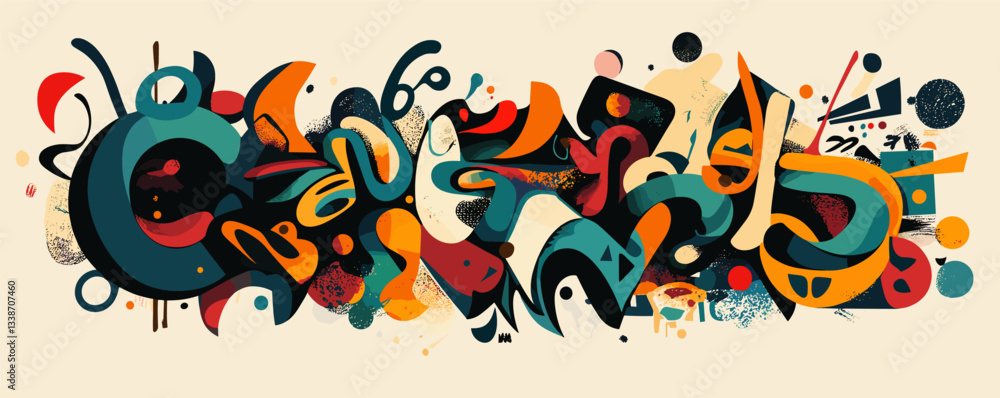 Poster colorful abstract graffiti art with geometric shapes and dynamic patterns on beige background.