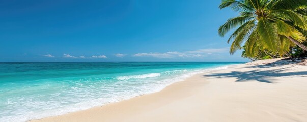 Naklejka premium Beach waves landscapes idea. A serene beach scene with palm trees and clear blue waters under a bright sky.