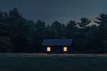 Night photograph of the cabin with star trails in the sky, a field behind it, pine trees in the background, and warm light emanating from the windows.