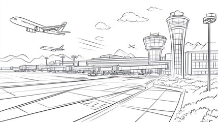 Airport sketch with planes and control tower
