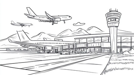 Airport scene sketch, planes landing, terminal, mountains background, illustration for educational or design purpose