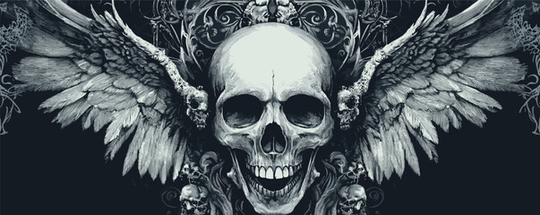 Fototapeta premium Winged skull with ornate patterns and gothic design elements on dark background.