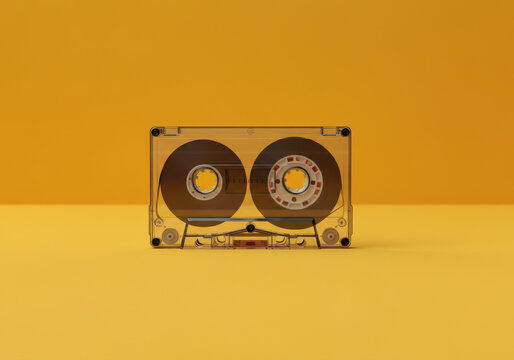 Classic transparent cassette tape against a vibrant yellow background, showcasing vintage audio technology and the nostalgia of analog music formats.
