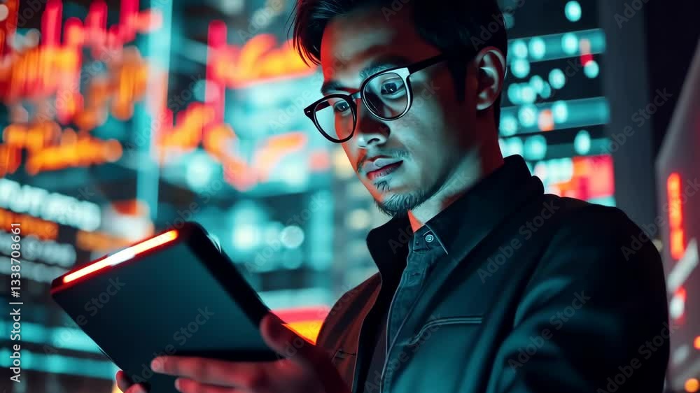 Aufkleber a dedicated professional analyzes digital data on a sleek tablet, surrounded by vibrant holographic 