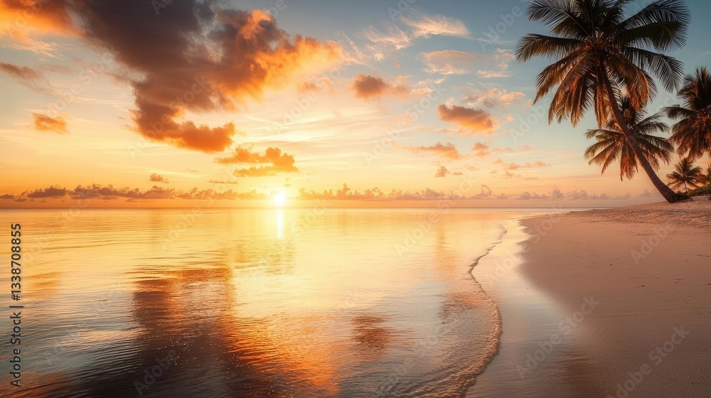 Poster beach waves landscapes idea. a serene beach at sunset with palm trees and vibrant colors reflecting 