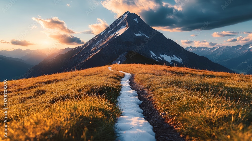 Poster mountain range with a snow covered peak and a path leading to it