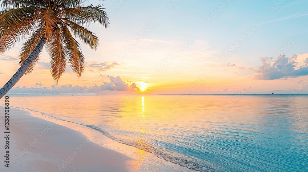 Poster beach waves landscapes idea. a serene beach scene with a palm tree and a stunning sunset over the ca