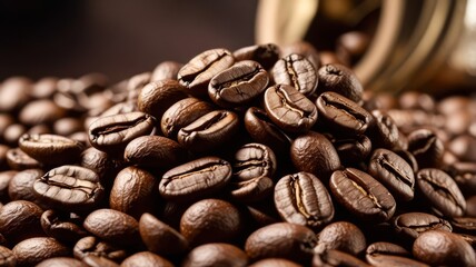 Fototapeta premium A pile of coffee beans with a jar of coffee beans on top
