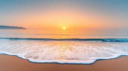 Obraz premium Beach waves landscapes idea. A serene beach landscape at sunrise with gentle waves lapping the shore.