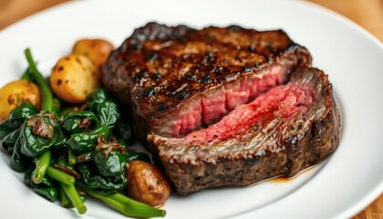 Delicious Grilled Steak with Vegetables on White Plate Ready to Eat