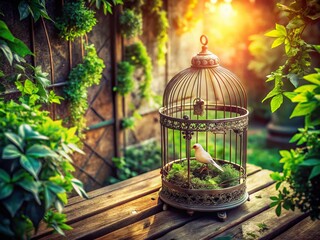 Vintage Birdcage with Single Bird - Aerial Photography Stock Photo