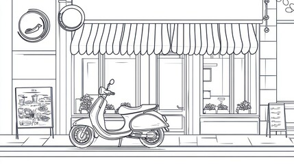 Street Scene Cafe Scooter Sketch, cafe, urban, parked, illustration, background, commercial, graphic