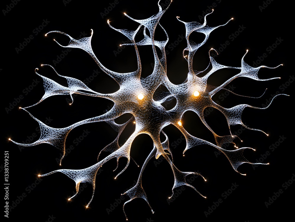 Poster Intricate Neuron Structure with Delicate Filaments and Glowing Nodes