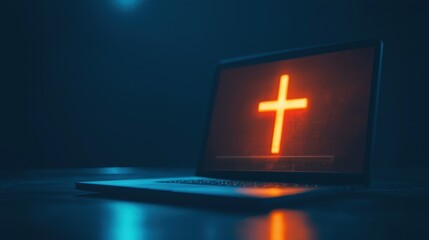 Laptop with Illuminated Neon Cross Symbol on Screen in Dimly Lit Room Representing Faith and Spirituality in Modern Technology Context